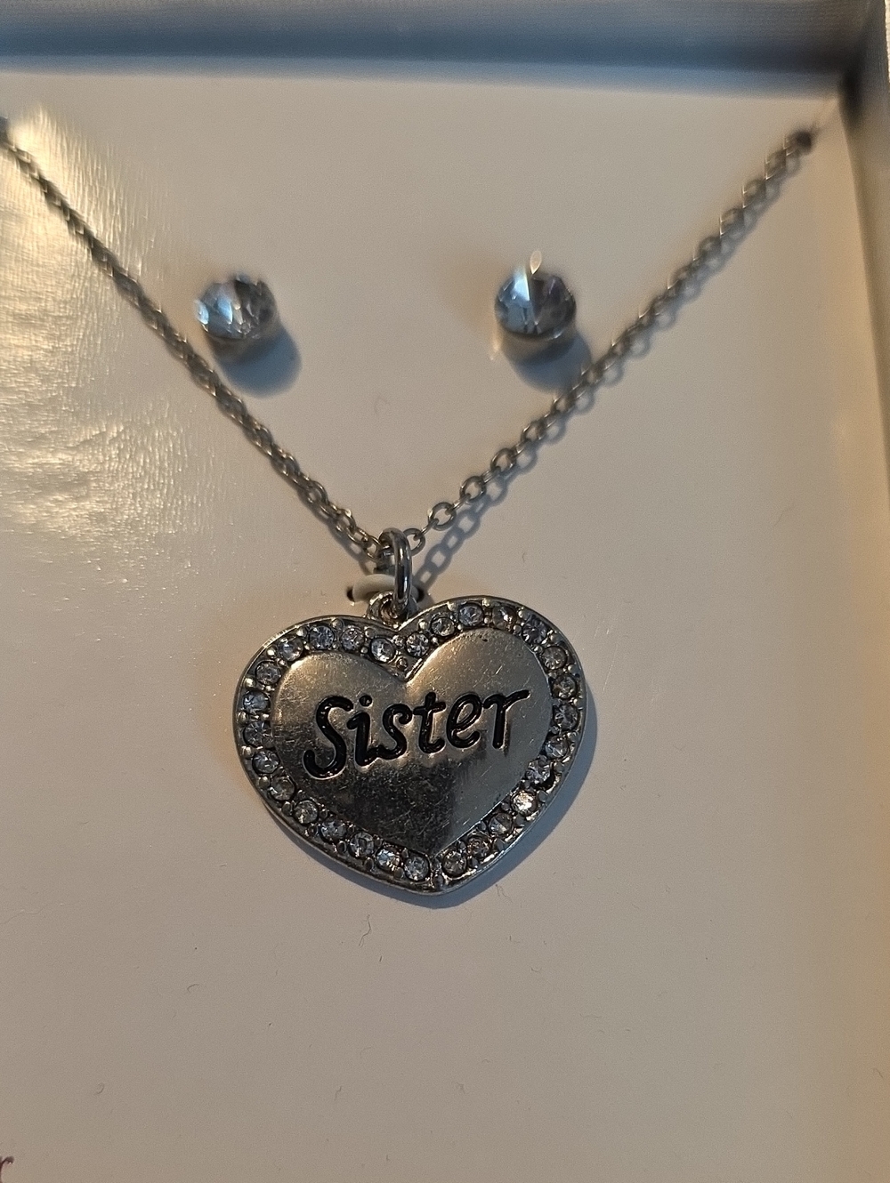 Sister Heart Pendant Necklace in Silver with Crystal Accents